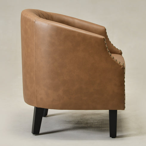 Louis Faux Leather Tufted Club Chair - Camel Accent Chair | Decorative Accent Chairs | Kinwell Furniture | Modern Club Chairs | Barrel Club Chair | Nailhead Trim Chair | Contemporary Faux Leather Chair | Elegant Camel Chair